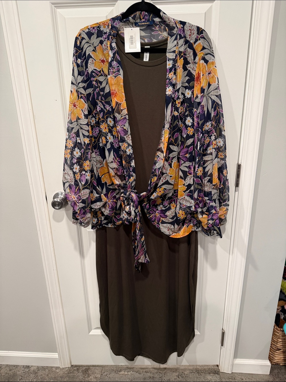 Zenana Outfitters 3/4 Sleeve Maxi Dress with Navy, Yellow, Olive & Purple Wrap